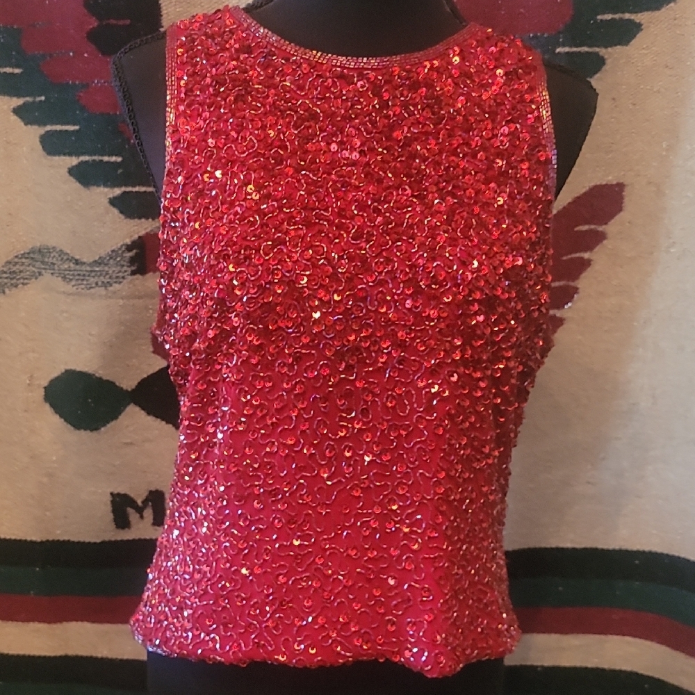 Laurence Kazar Red Sequin Tank Top